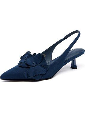 Women's Navy Blue Slingback Kitten Heels Flower Closed Toe Pumps Party Shoes